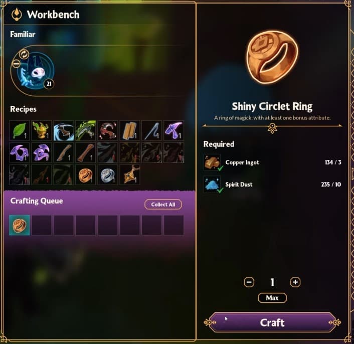 Shiny Circlet Ring Craft an der Werkbank in Witchspire
